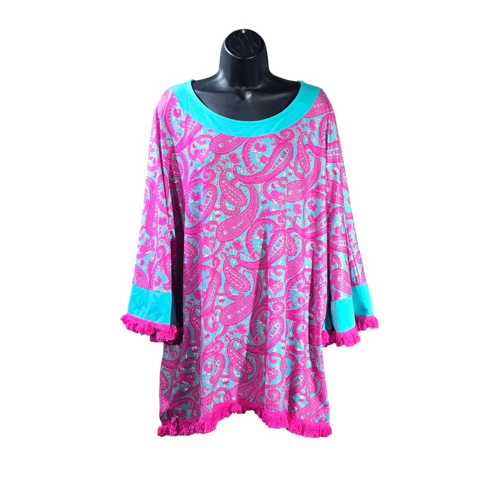 Southern Stitch 3XL Pink Turquoise Paisley Tunic Top Fringe Trim